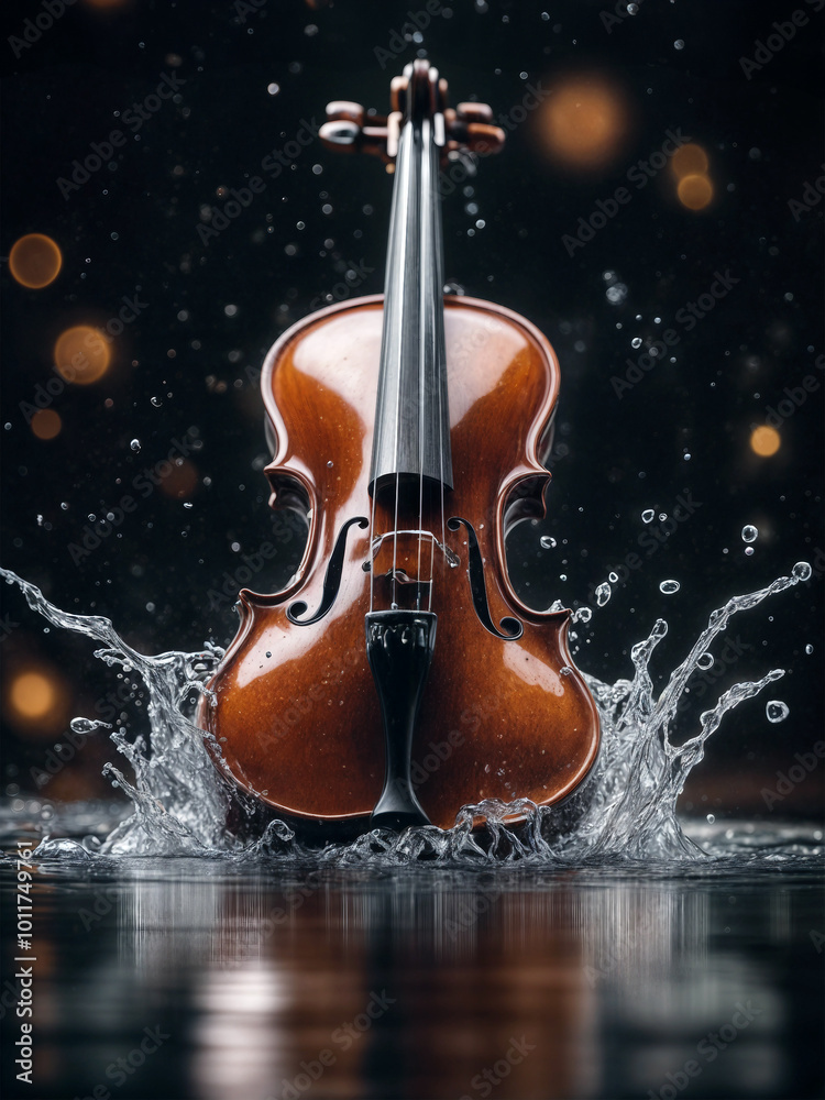 Fototapeta premium Violin in splashes of water. Violin flooded with water on a black background