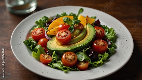 A fresh salad with avocado, cherry tomatoes, lettuce, and orange slices on a white plate.