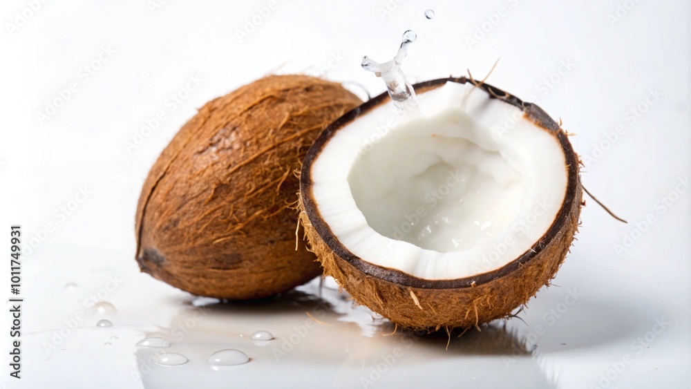 A whole coconut and a halved coconut with fresh coconut water splashing out. A whole coconut and a halved coconut with fresh coconut water splashing out.