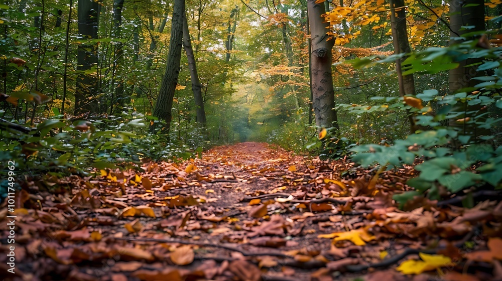 A narrow trail through a dense forest, with fallen autumn leaves covering the ground A narrow trail through a dense forest, with fallen autumn leaves covering the ground