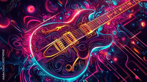 A vibrant psychedelic electric guitar illustration with swirling colors, symbolizing creativity, music, and artistic expression. Ideal for themes related to music, rock culture, and artistic design. photo