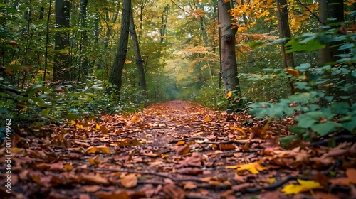 A narrow trail through a dense forest, with fallen autumn leaves covering the ground