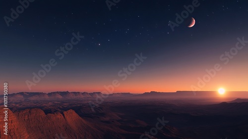 A breathtaking view of Earth and the moon rising against a starry sky at sunrise.