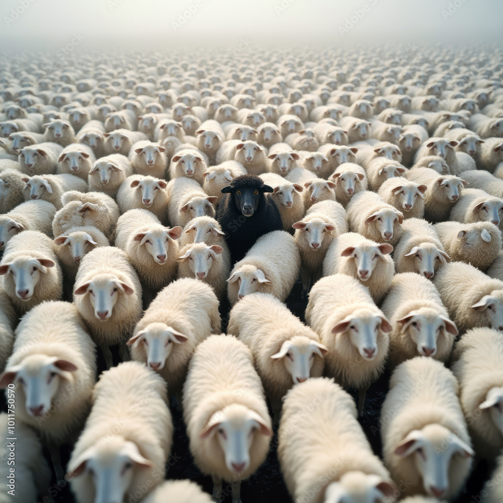 Obraz premium one black sheep in a flock of white ones