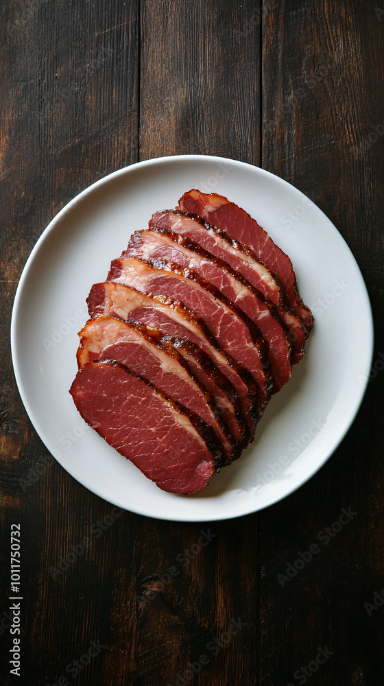 Slices of smoked beef brisket arranged on a white plate atop a dark wooden table Slices of smoked beef brisket arranged on a white plate atop a dark wooden table