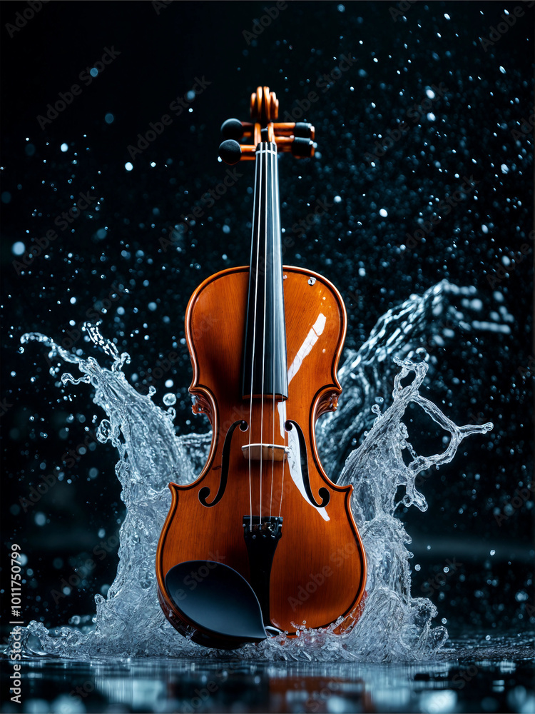 Fototapeta premium Violin splashed with water on black background