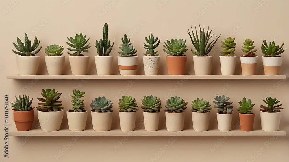 A collection of small potted succulents arranged neatly on a plain beige background, highlighting their geometric shapes and minimalistic charm A collection of small potted succulents arranged neatly on a plain beige background, highlighting their geometric shapes and minimalistic charm