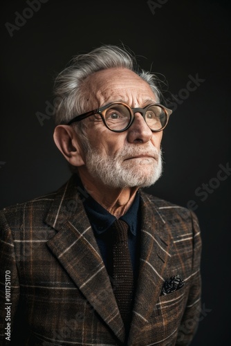 Senior man in a sharp suit and designer glasses, staring thoughtfully into the distance, in a studio