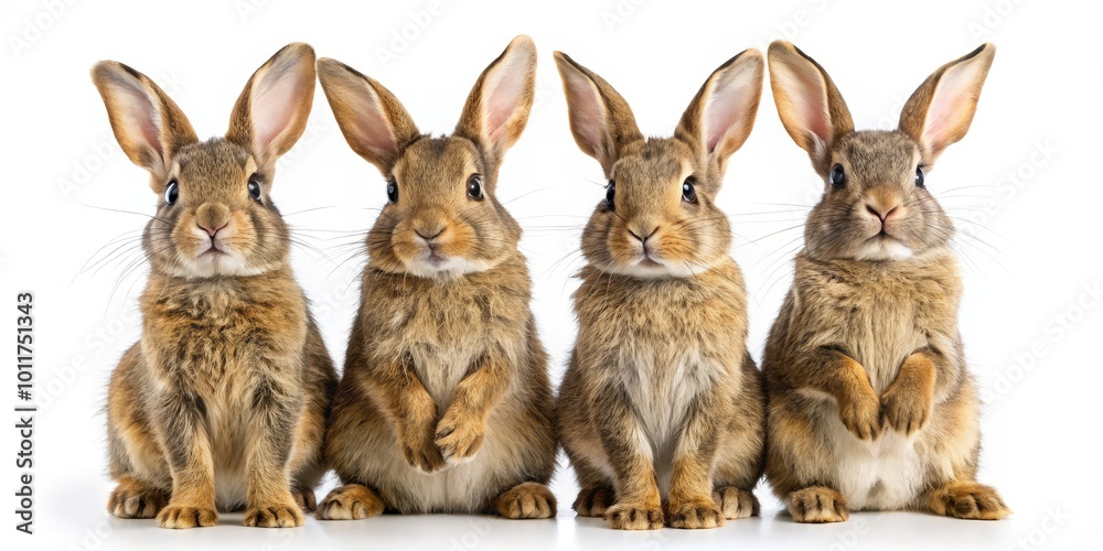 Four Cute Brown Rabbits Sitting in a Row, isolated on white background, studio shot, bunny, cute animal, pet ,rabbit Four Cute Brown Rabbits Sitting in a Row, isolated on white background, studio shot, bunny, cute animal, pet ,rabbit