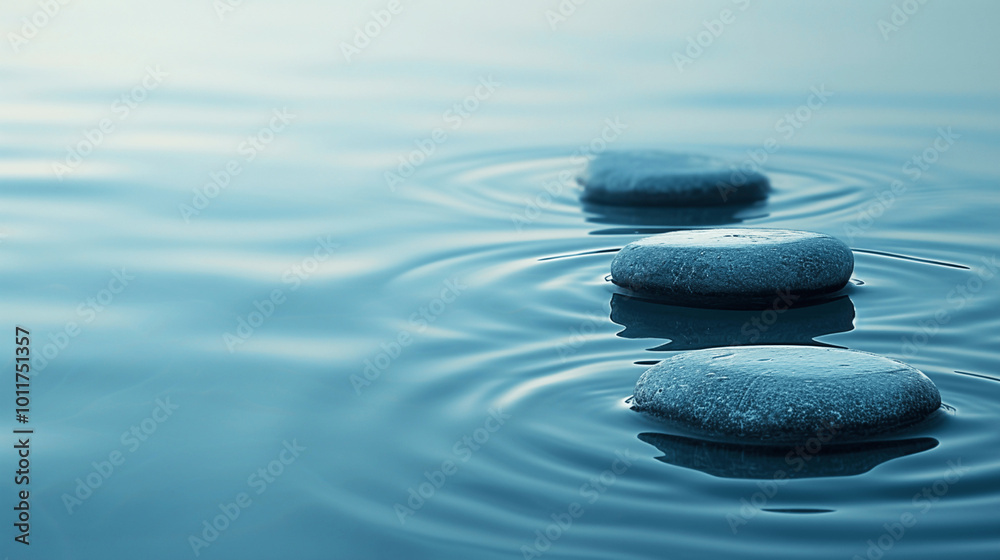 Smooth stones forming a serene path across calm water in a minimal zen setting Smooth stones forming a serene path across calm water in a minimal zen setting