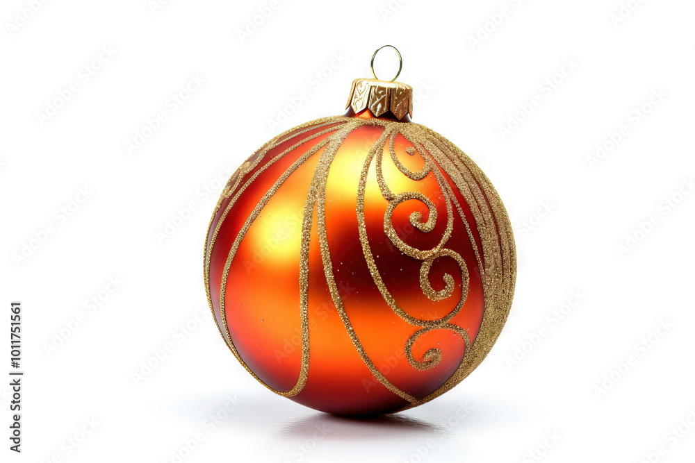 Red Christmas ball hanging on white background. Xmas bauble with ornament Red Christmas ball hanging on white background. Xmas bauble with ornament