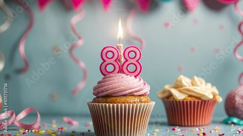 Birthday cupcake with burning lit candle with number 88. Number eighty-eight for eighty-eight years or eighty-eighth anniversary. photo