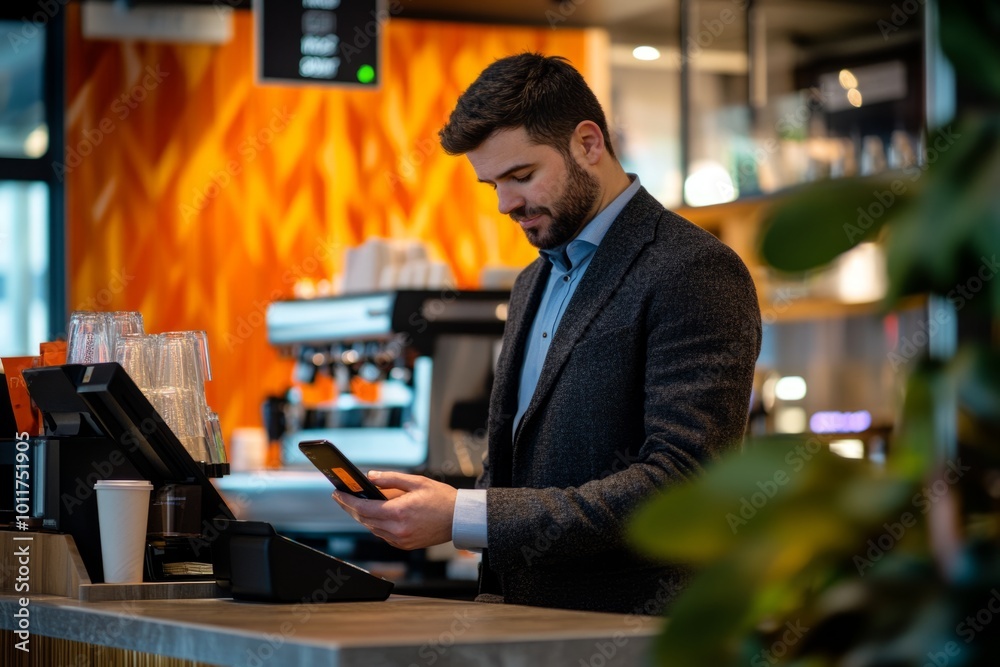 A man in a suit checks his phone at a stylish coffee shop. The warm colors create a cozy vibe. This photo is perfect for business or lifestyle themes. Generative AI A man in a suit checks his phone at a stylish coffee shop. The warm colors create a cozy vibe. This photo is perfect for business or lifestyle themes. Generative AI