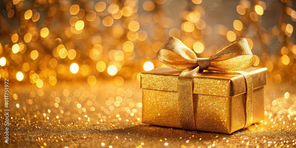 Golden Gift Box with Sparkling Background, Gift, Celebration, Festive Golden Gift Box with Sparkling Background, Gift, Celebration, Festive