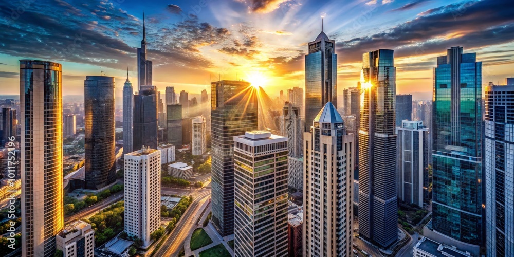 Obraz premium Golden Hour Skyline Aerial View of Skyscrapers Bathed in Sunlight, Cityscape, Urban, Architecture