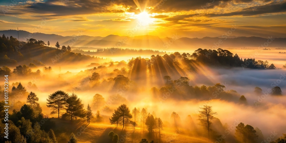 Obraz premium Golden Sunrise Through Misty Mountains, Landscape Photography, Nature, Sunrise, Mountain Landscape, Golden Hour