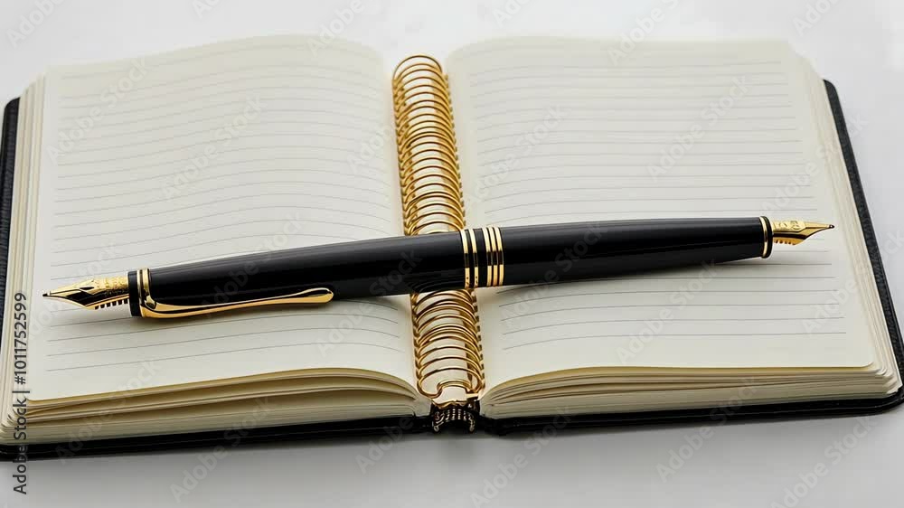 A black fountain pen rests atop an open lined notebook with a gold spiral binding A black fountain pen rests atop an open lined notebook with a gold spiral binding