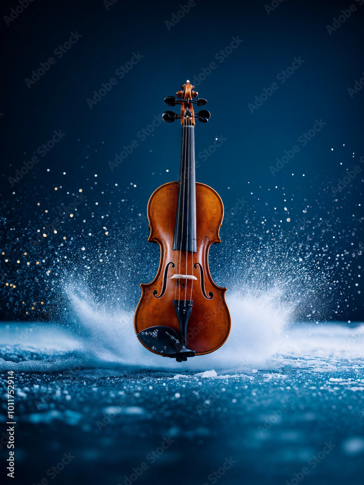 Fototapeta premium Violin in snow. A violin floats in the snowfall at night