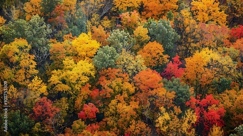 A panoramic view of a forest canopy in full autumn colors