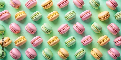 Wallpaper Mural Macaron Pattern - Pastel Delights on Mint Background, Macarons, French Pastry, Dessert Torontodigital.ca