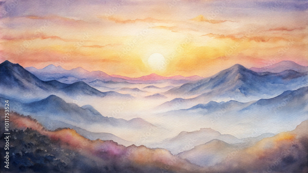 Obraz premium Watercolor Landscape Background, Depicting Serene Scene of Sunrise Over Mountains, Symbolizing New Beginnings and Vision, Calming and Expansive