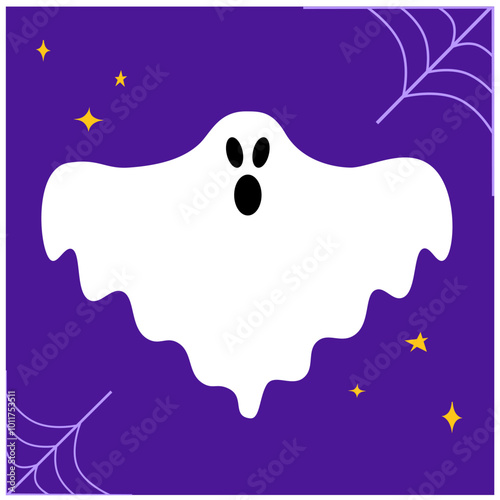 Сute ghost. Poltergeist. Flying ghost. Cute funny happy ghost. Scary spirit. Halloween phantom design in simple modern flat cartoon style. Spooky ghost. Isolated vector illustration of comical phantom