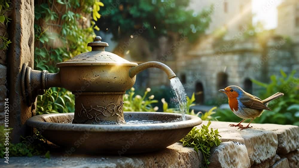 Medieval water fountain with small birds beside it, smooth looping video Medieval water fountain with small birds beside it, smooth looping video