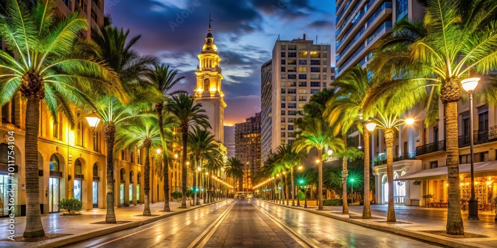 Naklejka premium Palm Trees Line a City Street at Dusk, Alicante, Spain, Night Photography, Cityscape, Spain, Europe