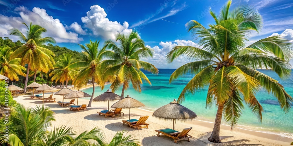 Fototapeta premium Palm Trees and Beach Umbrellas, Tropical Paradise, Caribbean, Vacation, Relax, Beach , beach umbrella