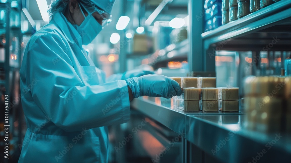 Worker in Lab Coat Handling Food Containers in Factory Worker in Lab Coat Handling Food Containers in Factory
