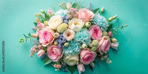 Pastel Floral Arrangement A Symphony of Pink, White, and Blue Roses on a Teal Background, flower arrangement, pastel bouquet, floral photography