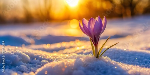 Purple Crocus Blooming in the Golden Sunset Snow, Spring Flower, Snow Crocus, Winter Bloom photo