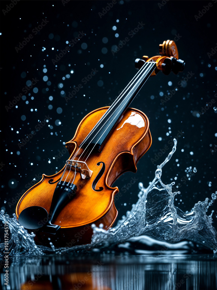 Fototapeta premium Violin in spray of water. Violin flooded with water on a black background