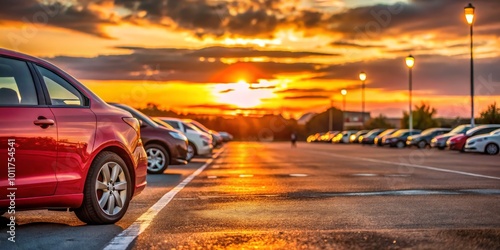 Red Car in Parking Lot at Sunset, Golden Hour, Car Park, Sunset, Dusk