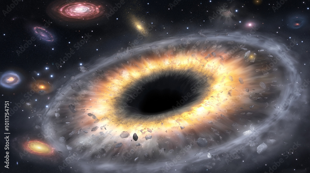 Cosmic scene with massive black hole at center, surrounded by swirling galaxies and distant stars, symbolizing the mysterious and powerful nature of black hole theory. Cosmic scene with massive black hole at center, surrounded by swirling galaxies and distant stars, symbolizing the mysterious and powerful nature of black hole theory.