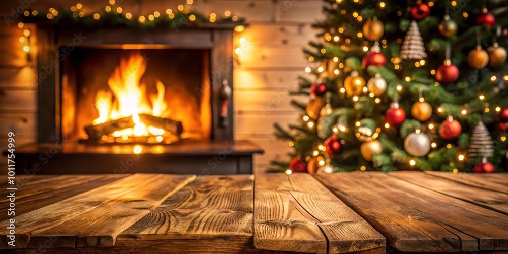 Rustic Wooden Tabletop with Blurry Christmas Tree and Fireplace in Background, Christmas, Holiday, Festive Rustic Wooden Tabletop with Blurry Christmas Tree and Fireplace in Background, Christmas, Holiday, Festive