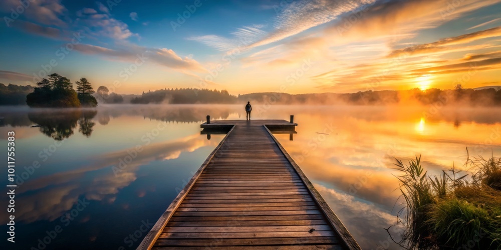 Naklejka premium Solitude on the Wooden Dock at Sunrise, Landscape Photography, Golden Hour, Fog, Reflections, Lake ,lake