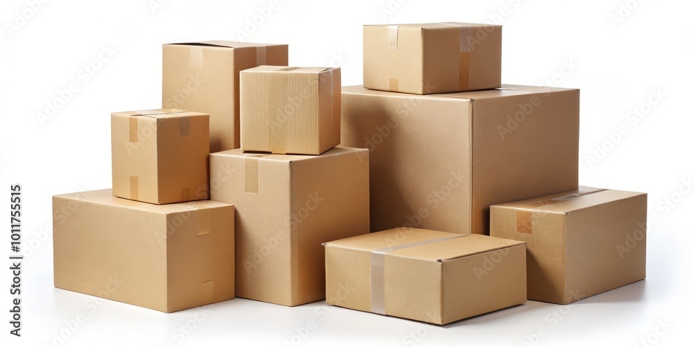 Stacked Brown Cardboard Boxes on White Background, cardboard boxes, packaging, shipping, delivery