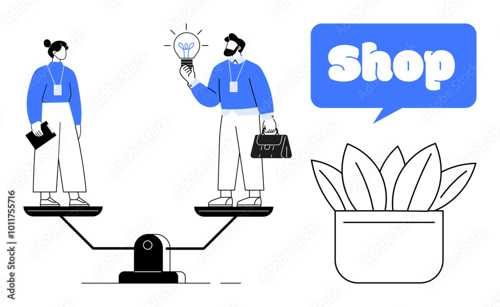 Two business people stand balanced on a seesaw holding icons depicting ideas. Another section has a plant pot and a speech bubble with shop text in it. Ideal for team collaboration, business Two business people stand balanced on a seesaw holding icons depicting ideas. Another section has a plant pot and a speech bubble with shop text in it. Ideal for team collaboration, business