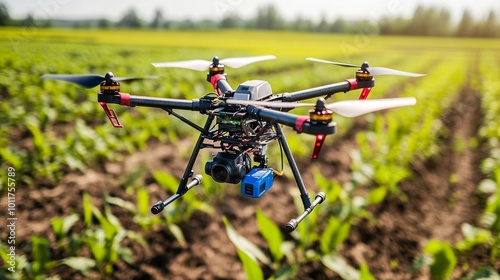 Advanced drone with camera hovering over lush green agricultural field, showcasing modern farming technology and precision agriculture techniques.