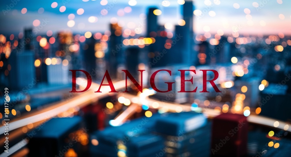 danger lettering on business concept urban city skyline blurred lights bokeh background danger lettering on business concept urban city skyline blurred lights bokeh background
