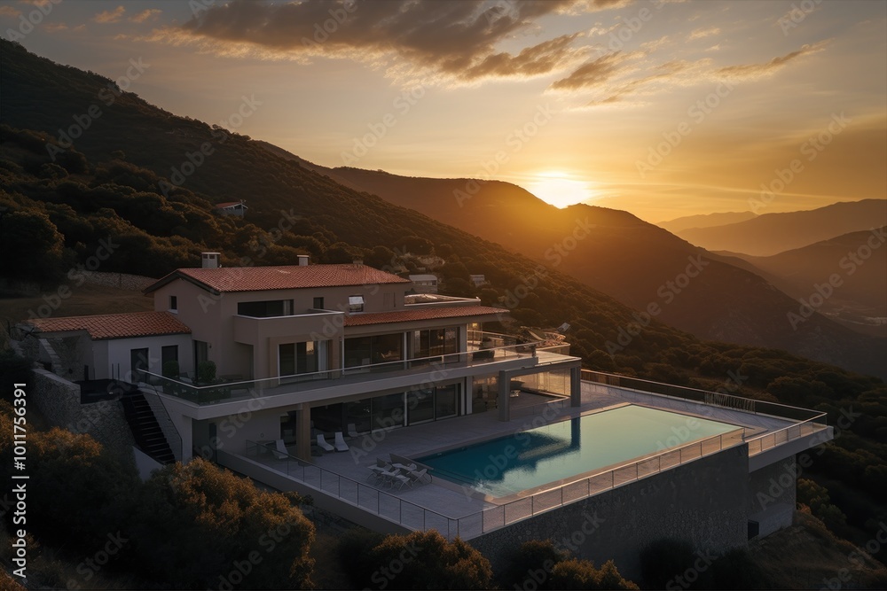 Fototapeta premium Luxury villa aerial view. A natural landscape with a building on a hill with a swimming pool overlooking the sunset, surrounded by sky, mountains, clouds, and light