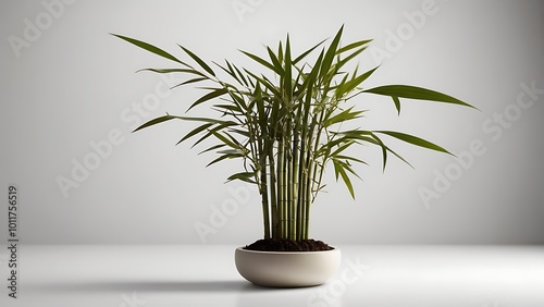 A small potted bamboo plant with slender, upright stalks on a plain white background, symbolizing strength, growth, and simplicity.