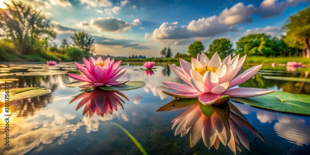 Water Lily Reflections in a Serene Pond, Water Lily, Pink Water Lily, Pond Water Lily Reflections in a Serene Pond, Water Lily, Pink Water Lily, Pond