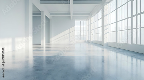 Modern Interior Design - Empty Room with Large Windows and Concrete Floor - 3D Illustration