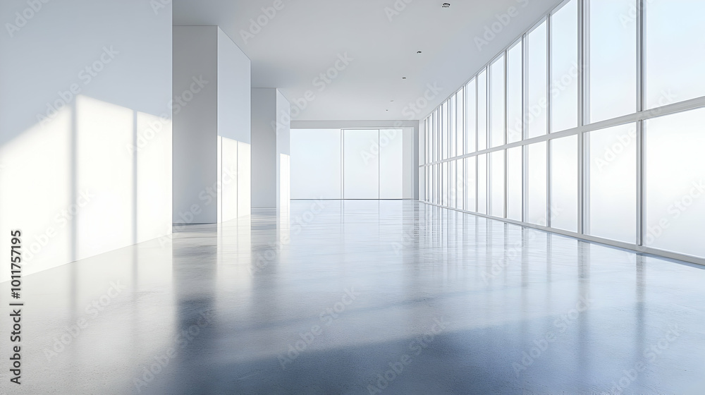 Empty Modern Office Space with Floor to Ceiling Windows - 3D Illustration Empty Modern Office Space with Floor to Ceiling Windows - 3D Illustration