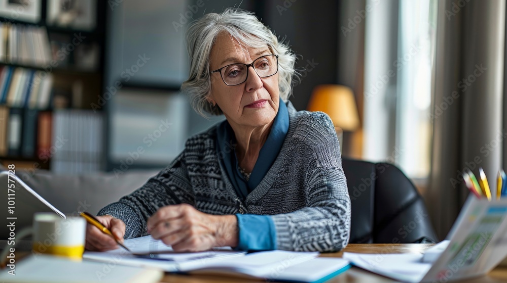 Senior woman calculating her savings at a desk filled with financial charts and graphs Senior woman calculating her savings at a desk filled with financial charts and graphs