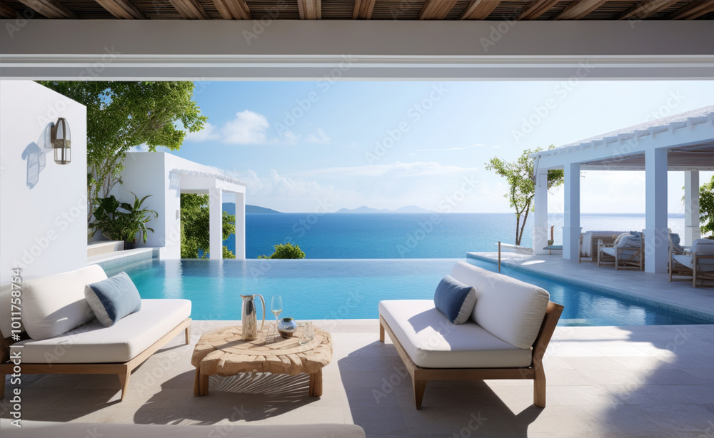 Fototapeta premium A minimalistic modern building with a swimming pool in front, surrounded by outdoor furniture and plants. Ocean and azure sky at the background. A perfect property for real estate