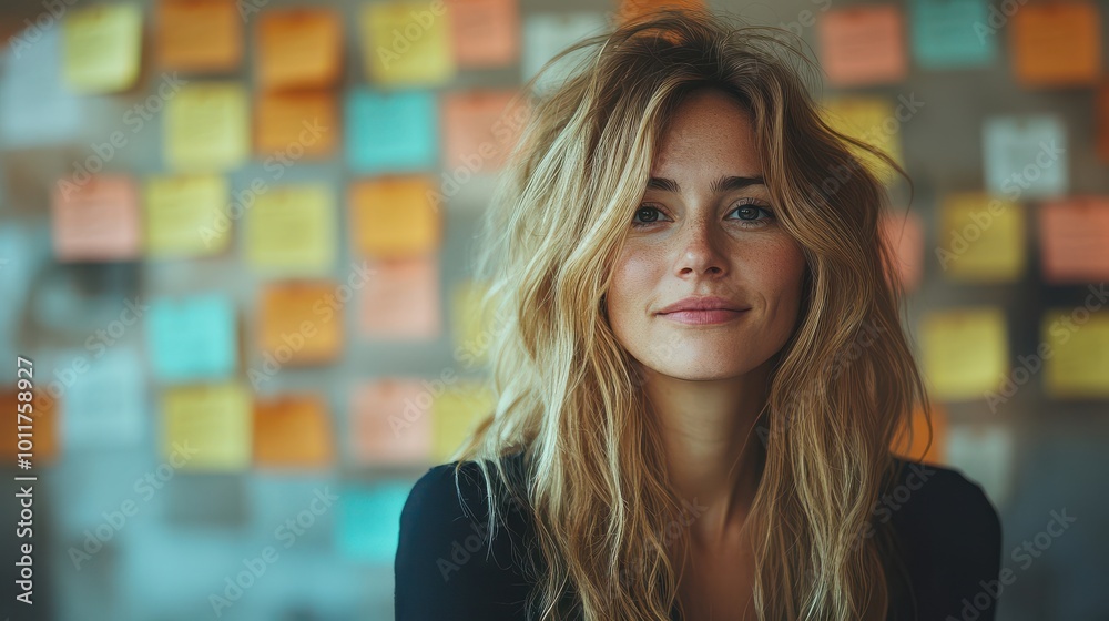 Smiling woman in front of colorful sticky notes in a creative workspace Smiling woman in front of colorful sticky notes in a creative workspace