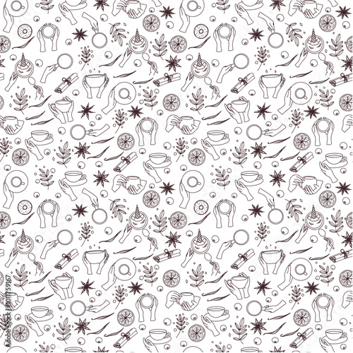 Seamless pattern with cups, hands, ingredients: orange slice, star anice, leaf branches, cinnamon stick, vanilla pods, bluebbery. Vector winter background on white for christmas, new year